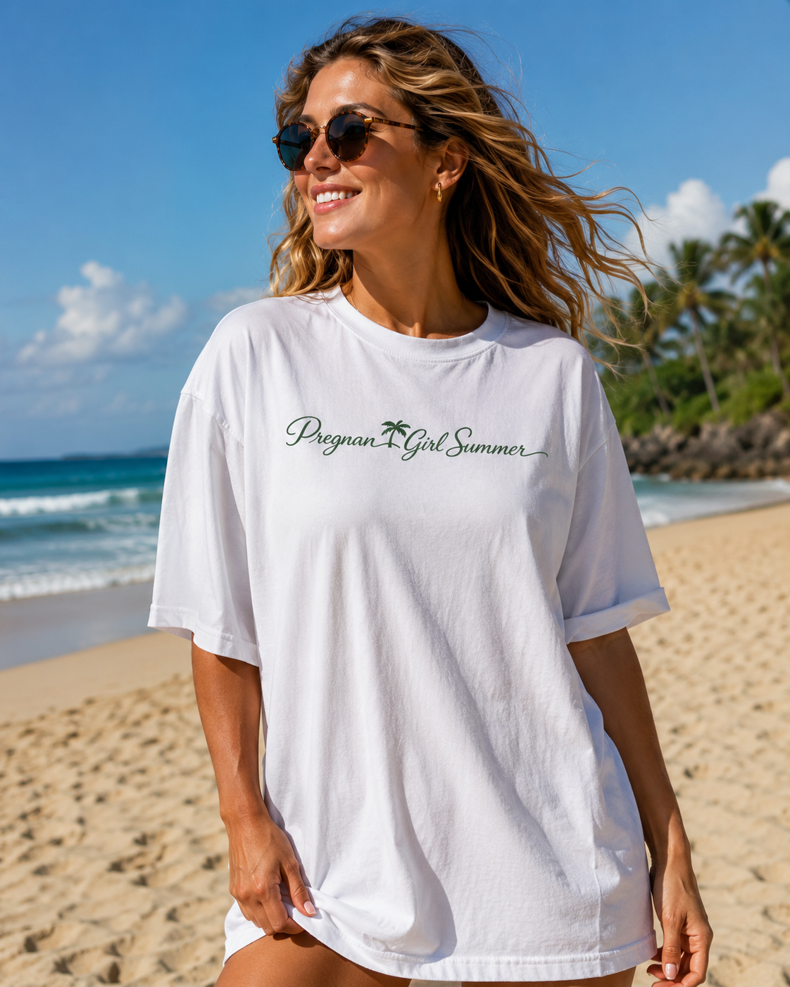 Pregnant Girl Summer Beach Shirt | Trendy Pregnancy Summer Tee | Cute Mama Vacation T-Shirt | Beachy Mom Graphic Tee | Palm Script Maternity Tee