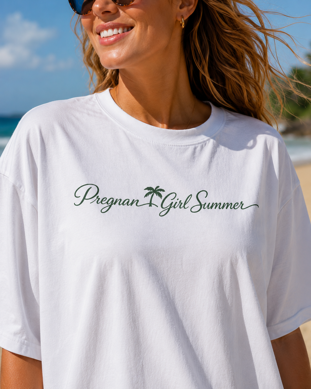 Pregnant Girl Summer Beach Shirt | Trendy Pregnancy Summer Tee | Cute Mama Vacation T-Shirt | Beachy Mom Graphic Tee | Palm Script Maternity Tee