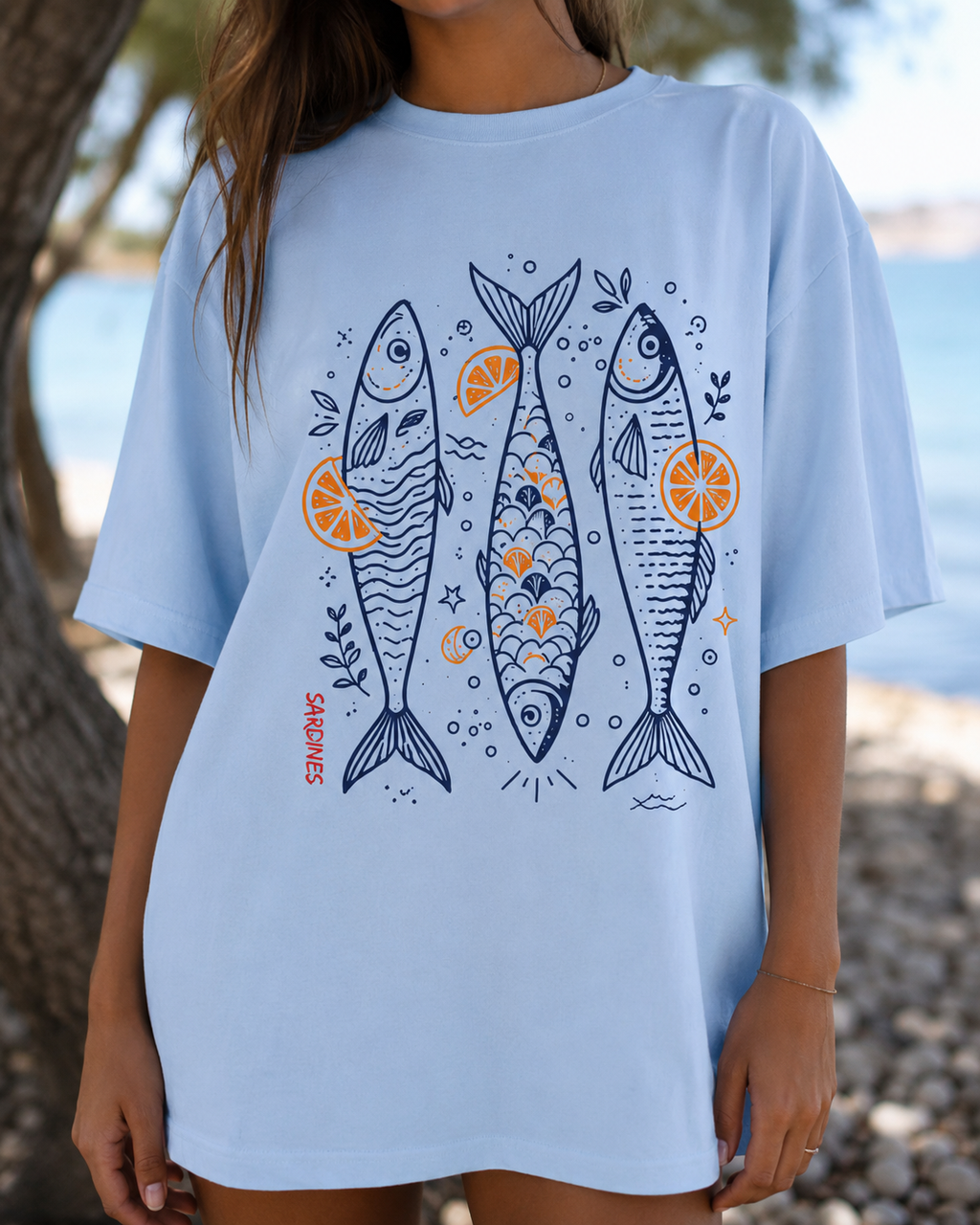 Coastal Sardine Graphic Tee | Beach Shirt | Trendy Summer Aesthetic T-Shirt | Cute Coastal Fish Tee for Women | Citrus Fish Illustration Tee