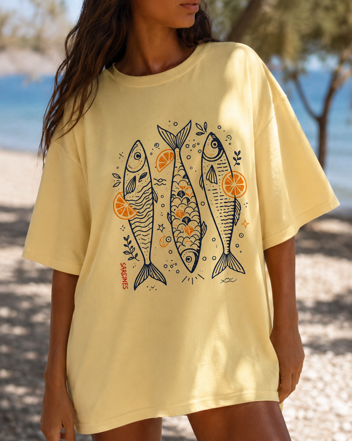 Coastal Sardine Graphic Tee | Beach Shirt | Trendy Summer Aesthetic T-Shirt | Cute Coastal Fish Tee for Women | Citrus Fish Illustration Tee