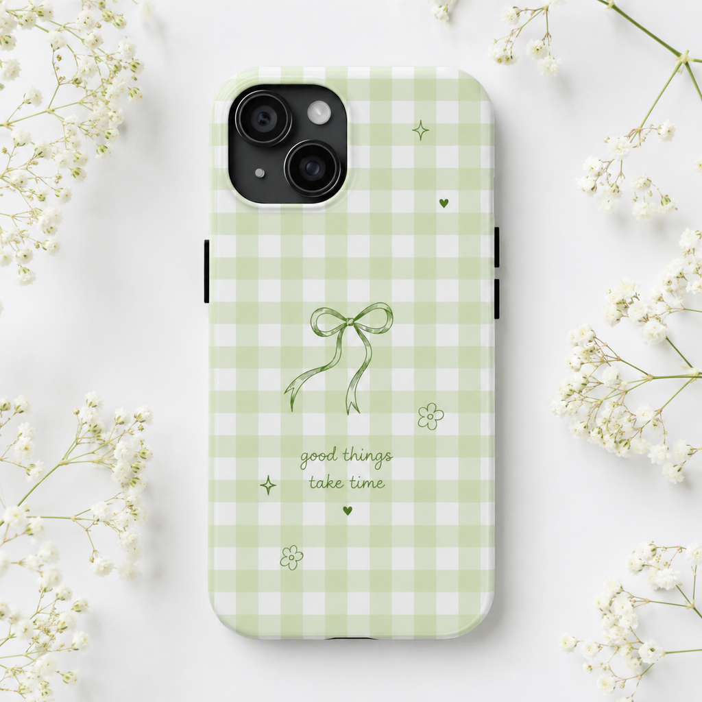 Sage Green Gingham Bow Phone Case | Cute Coquette Aesthetic iPhone & Samsung Galaxy Case | Protective Cover | Cute Bow Aesthetic Tough Case