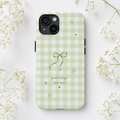 Sage Green Gingham Bow Phone Case | Cute Coquette Aesthetic iPhone & Samsung Galaxy Case | Protective Cover | Cute Bow Aesthetic Tough Case