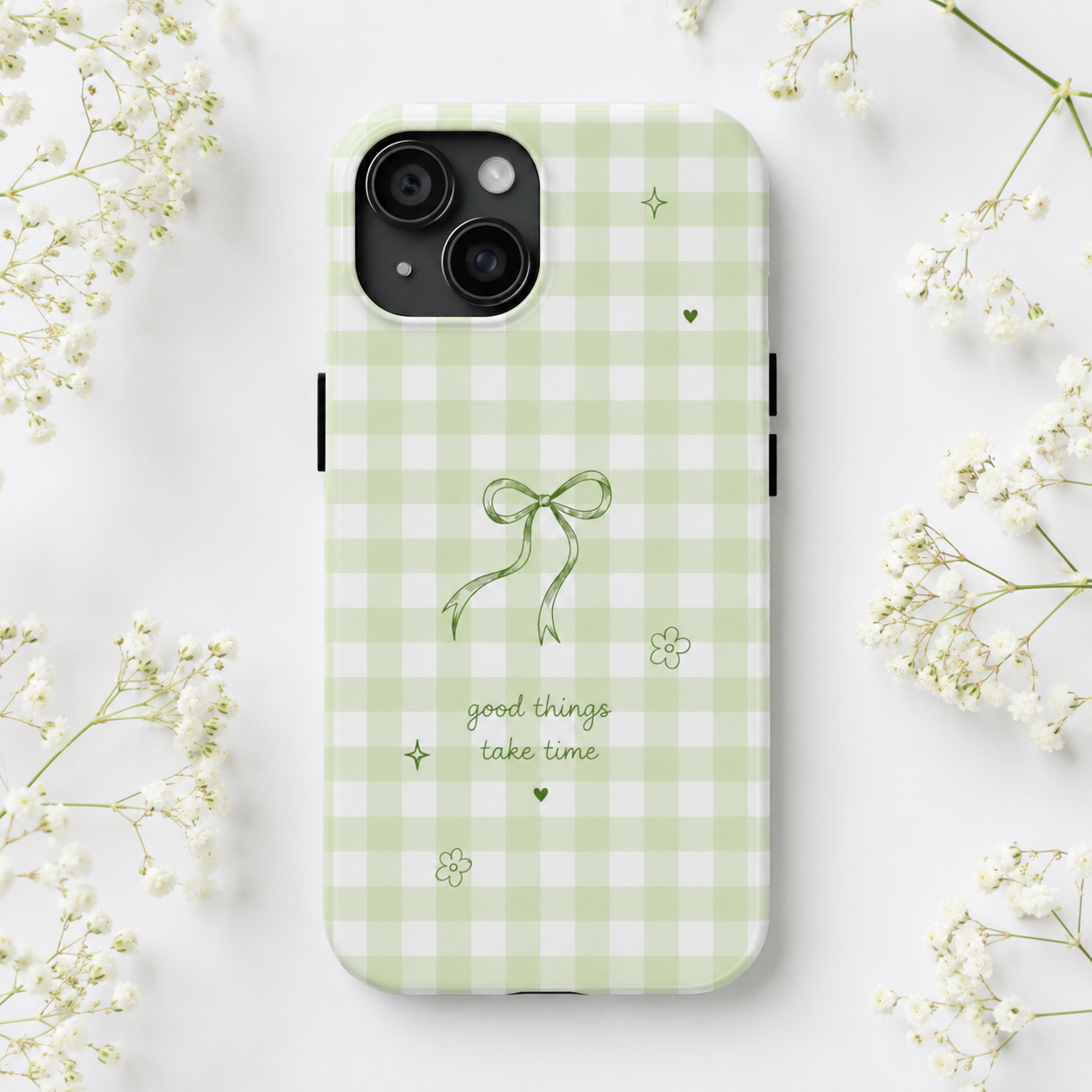 Sage Green Gingham Bow Phone Case | Cute Coquette Aesthetic iPhone & Samsung Galaxy Case | Protective Cover | Cute Bow Aesthetic Tough Case