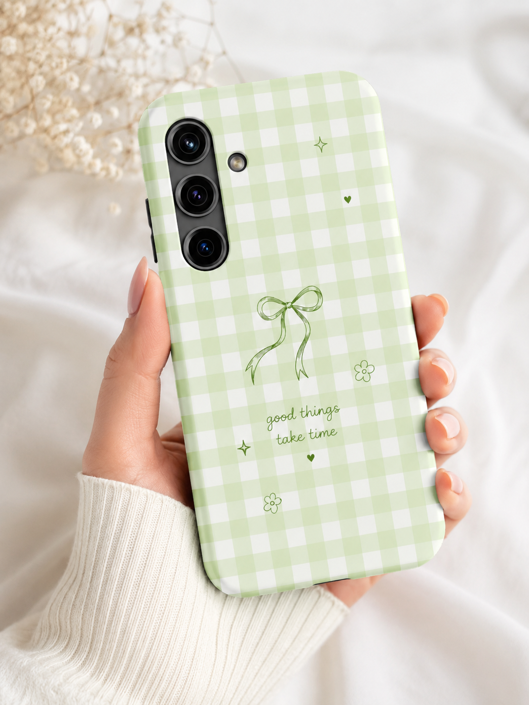 Sage Green Gingham Bow Phone Case | Cute Coquette Aesthetic iPhone & Samsung Galaxy Case | Protective Cover | Cute Bow Aesthetic Tough Case