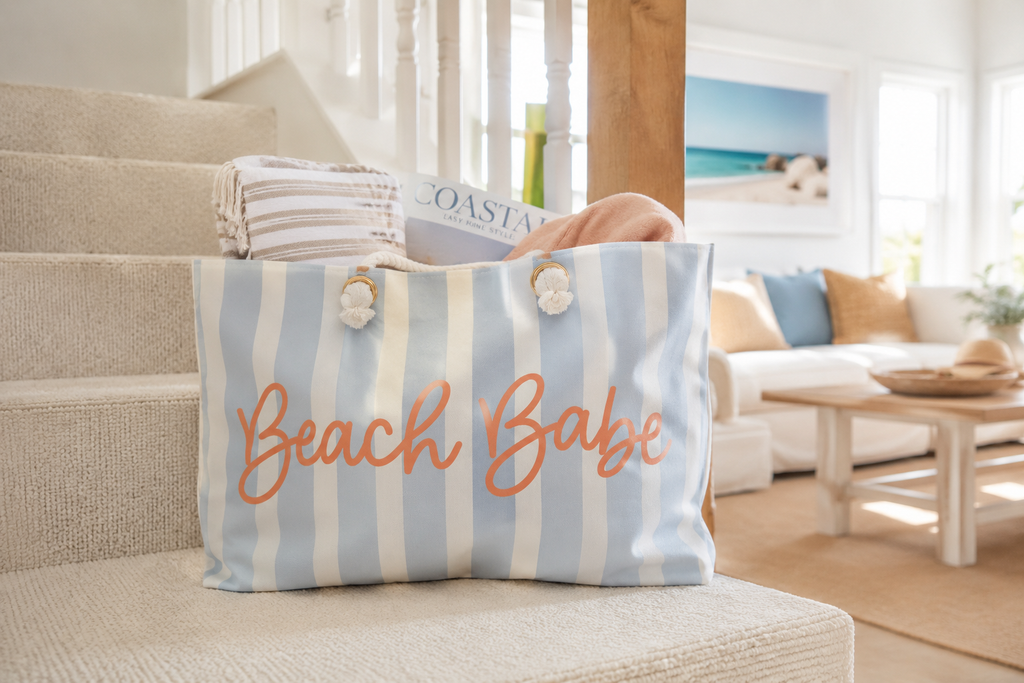 Beach Babe Coastal Weekender Tote Bag | Beach Bag with Rope Handles | Cute Blue Striped Vacation Tote | Weekender Bag