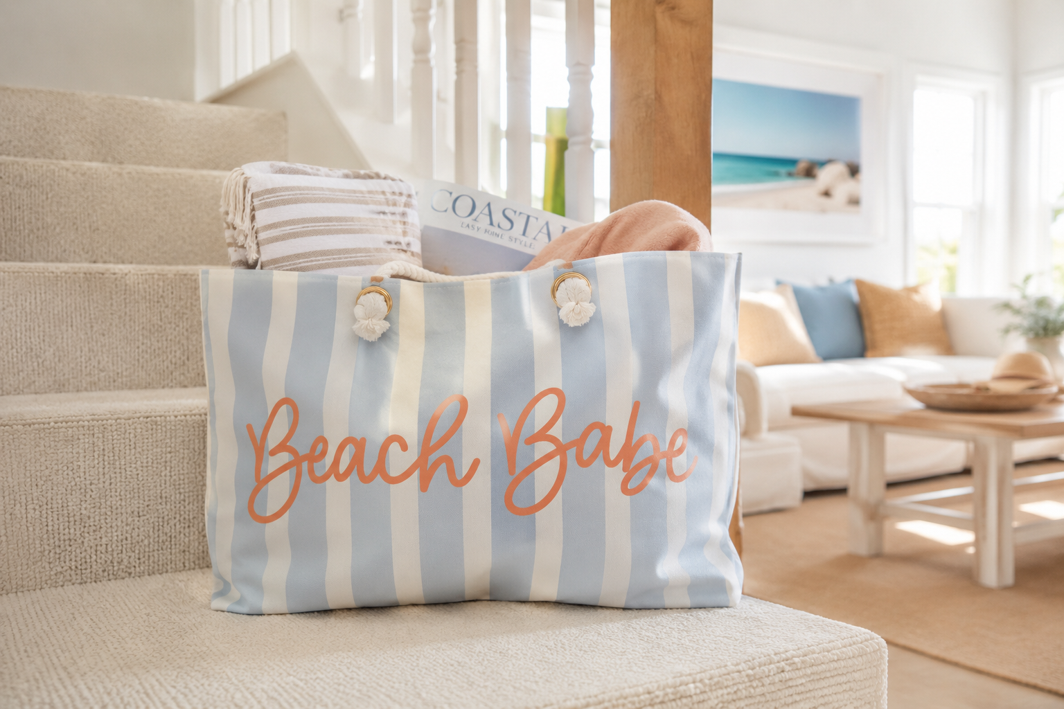Beach Babe Coastal Weekender Tote Bag | Beach Bag with Rope Handles | Cute Blue Striped Vacation Tote | Weekender Bag