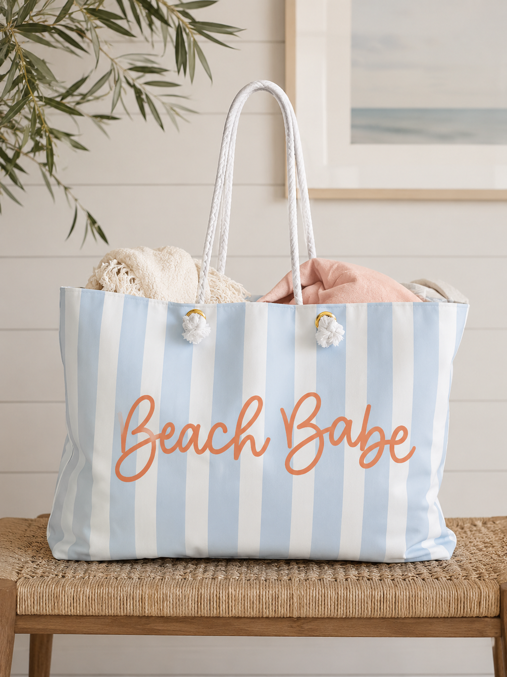Beach Babe Coastal Weekender Tote Bag | Beach Bag with Rope Handles | Cute Blue Striped Vacation Tote | Weekender Bag