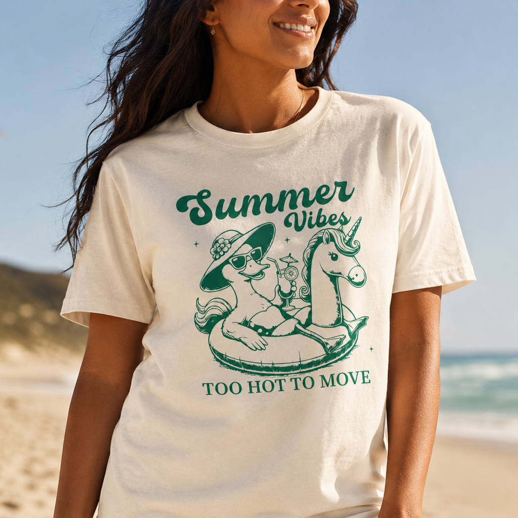 Summer Vibes Too Hot To Move Shirt | Summer Graphic Tee | Beach Vacation T-Shirt | Cute Retro Duck Pool Float Tee | Trendy Coastal Summer Top | Summer Tees