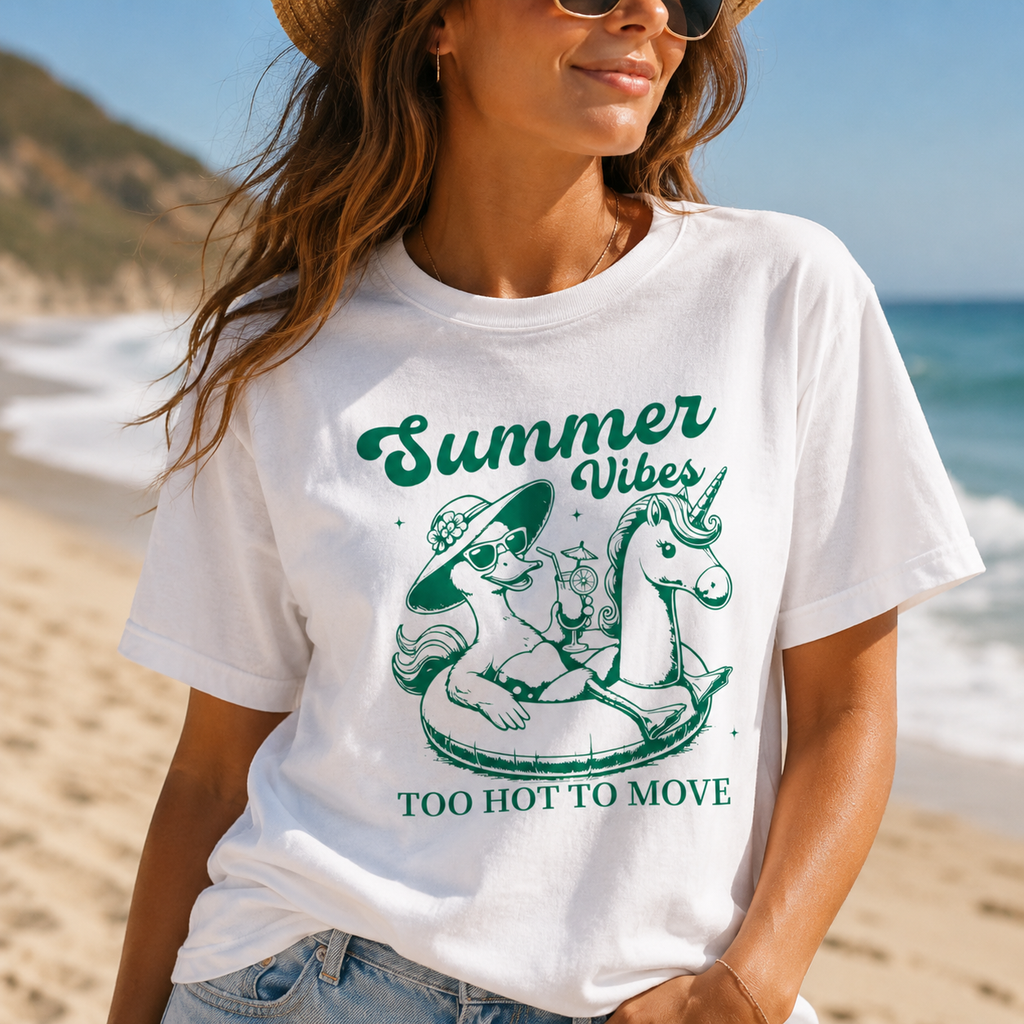 Summer Vibes Too Hot To Move Shirt | Summer Graphic Tee | Beach Vacation T-Shirt | Cute Retro Duck Pool Float Tee | Trendy Coastal Summer Top | Summer Tees