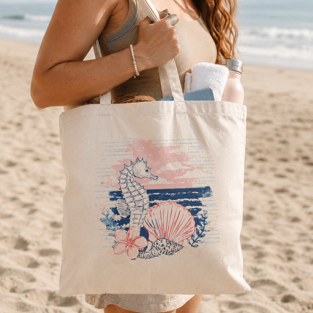 Coastal Seahorse Canvas Tote Bag | Beach Aesthetic Heavy Cotton Tote | Cute Ocean Shell Reusable Bag | Beach Cotton Canvas Tote
