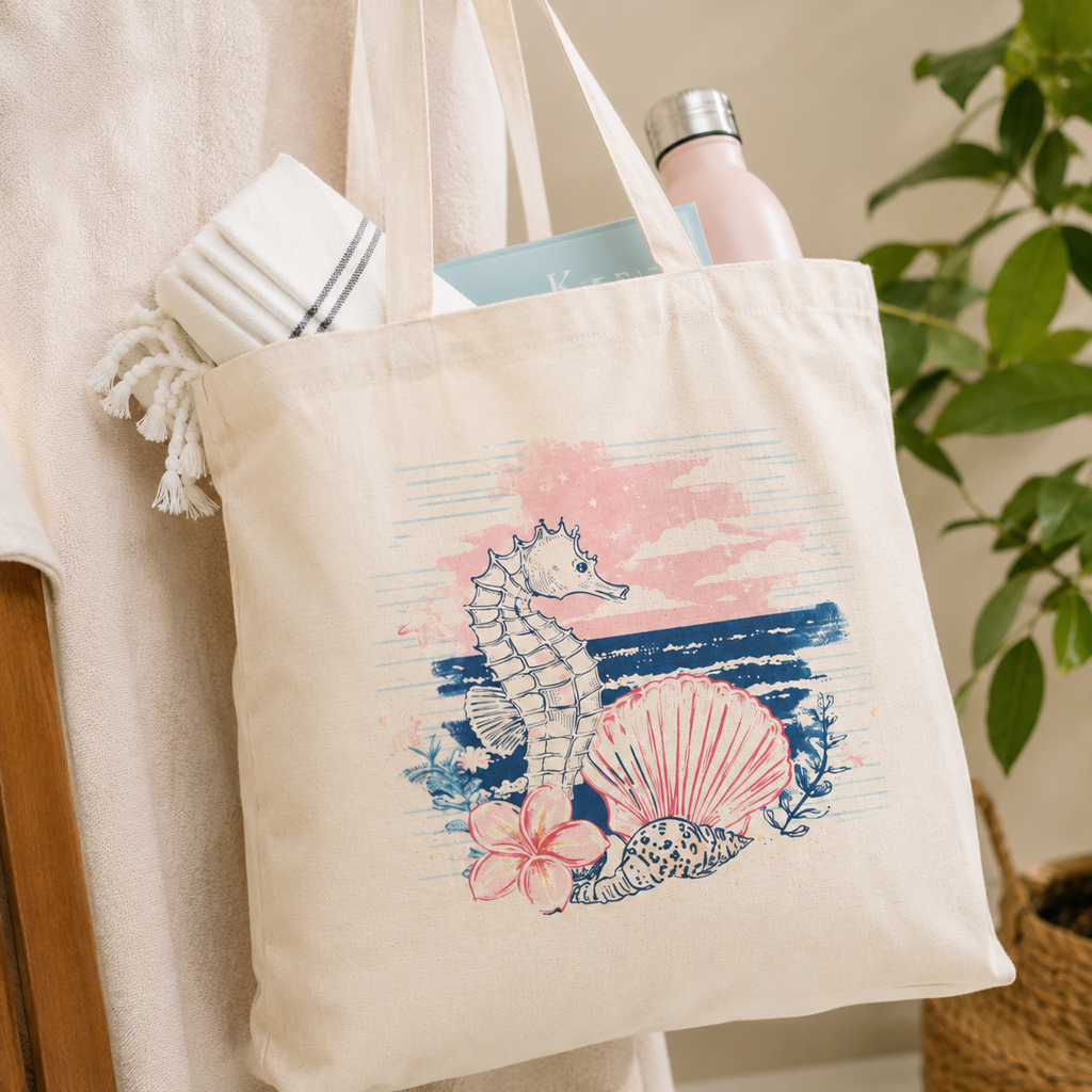 Coastal Seahorse Canvas Tote Bag | Beach Aesthetic Heavy Cotton Tote | Cute Ocean Shell Reusable Bag | Beach Cotton Canvas Tote