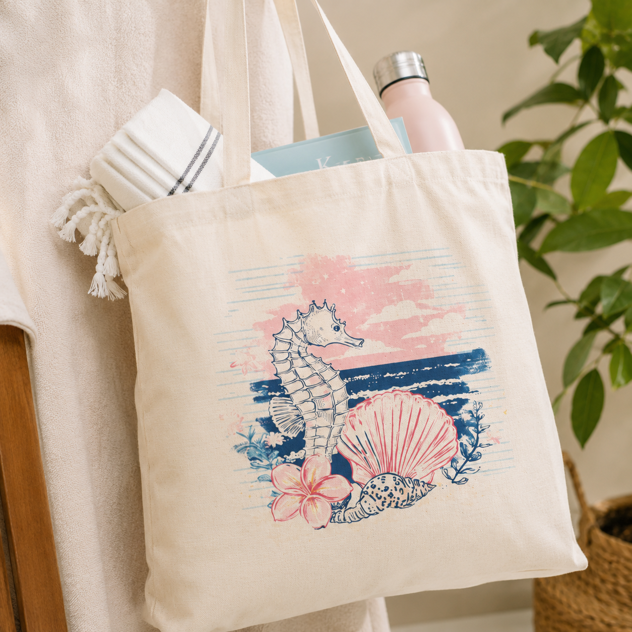 Coastal Seahorse Canvas Tote Bag | Beach Aesthetic Heavy Cotton Tote | Cute Ocean Shell Reusable Bag | Beach Cotton Canvas Tote