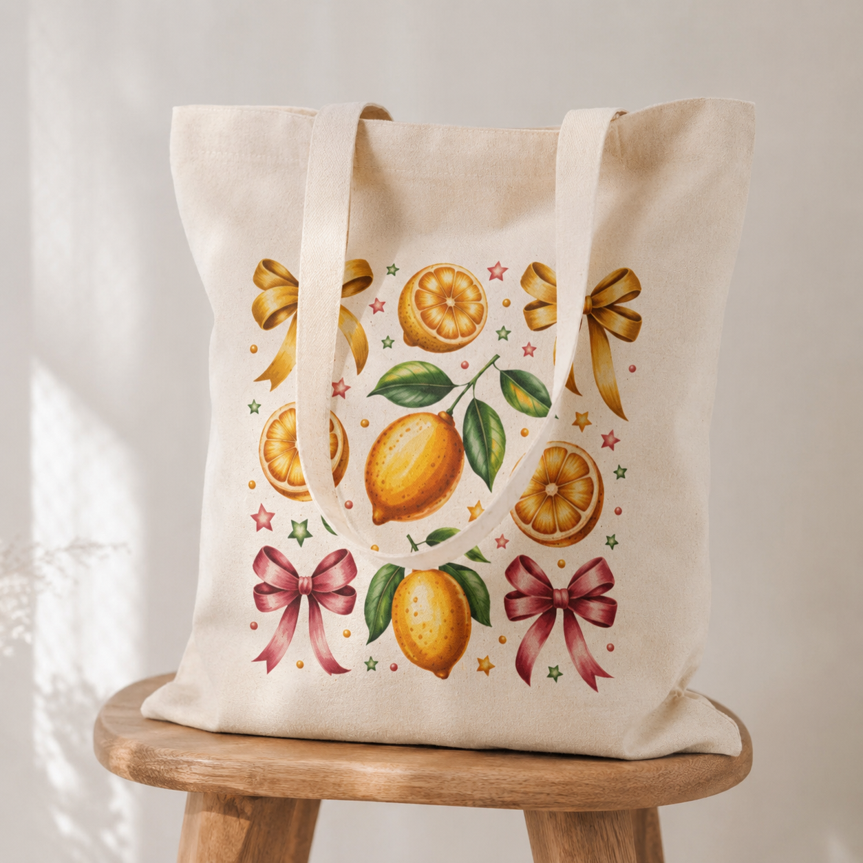 Lemon Coquette Canvas Tote Bag | Cute Citrus Bow Aesthetic Beach & Everyday Bag | Floral Citrus Summer Tote