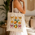 Lemon Coquette Canvas Tote Bag | Cute Citrus Bow Aesthetic Beach & Everyday Bag | Floral Citrus Summer Tote