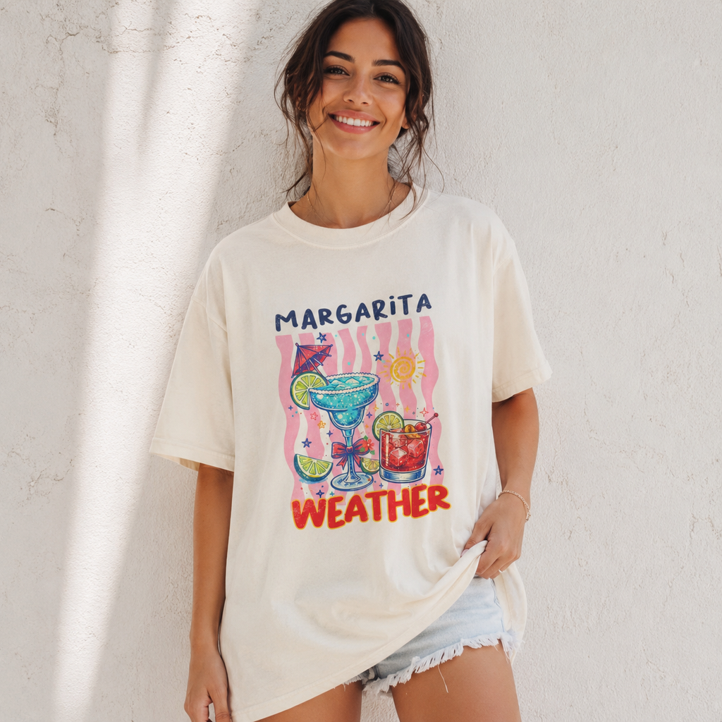 Margarita Weather Oversized Graphic Tee | Funny Summer Cocktail Shirt | Beach Vacation Graphic T-Shirt | Trendy Girls Trip Tee