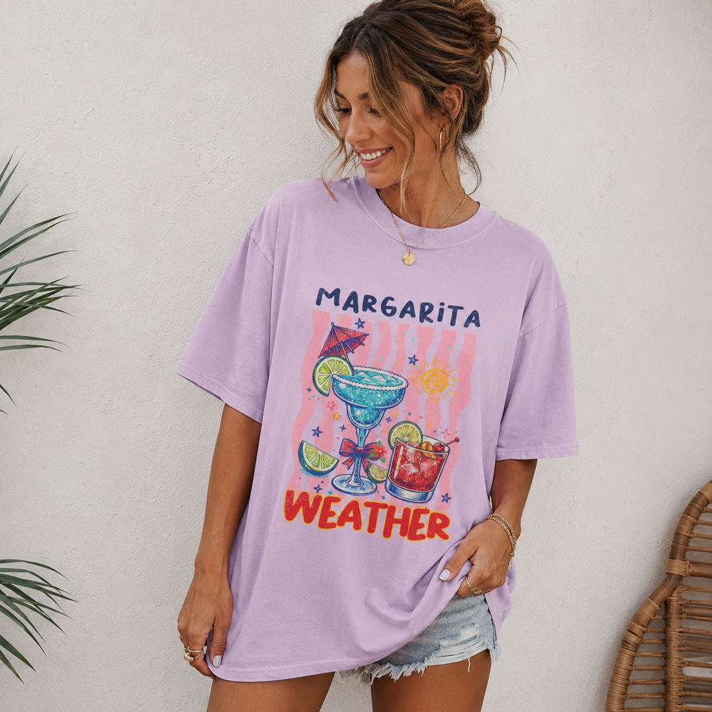 Margarita Weather Oversized Graphic Tee | Funny Summer Cocktail Shirt | Beach Vacation Graphic T-Shirt | Trendy Girls Trip Tee