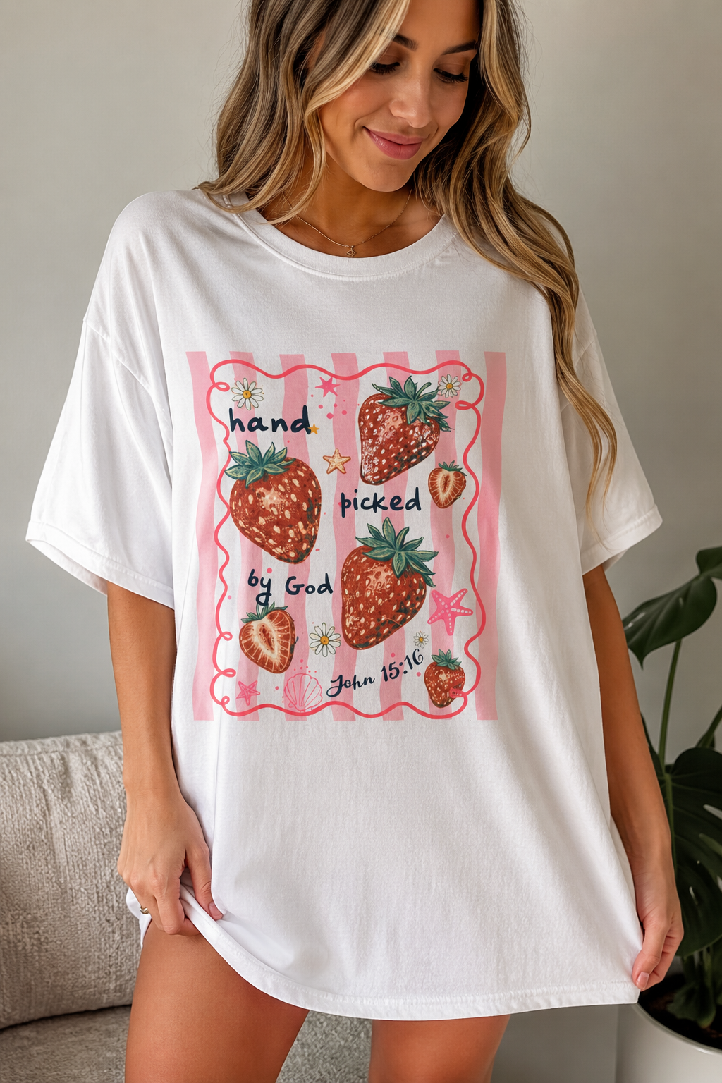 Hand Picked by God Strawberry Christian Graphic Tee | Cute Oversized Faith Shirt | Trendy Coquette Summer T-Shirt for Women | Strawberry Tee