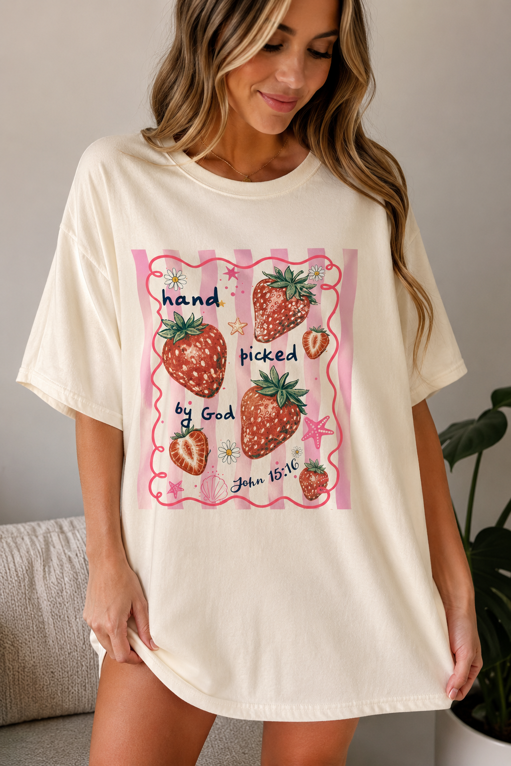 Hand Picked by God Strawberry Christian Graphic Tee | Cute Oversized Faith Shirt | Trendy Coquette Summer T-Shirt for Women | Strawberry Tee
