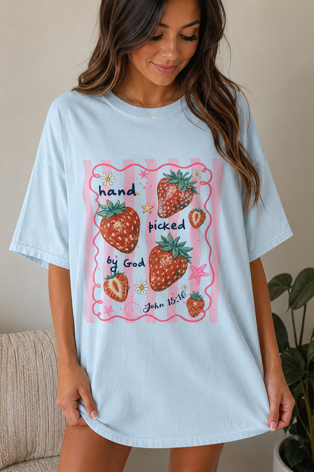 Hand Picked by God Strawberry Christian Graphic Tee | Cute Oversized Faith Shirt | Trendy Coquette Summer T-Shirt for Women | Strawberry Tee