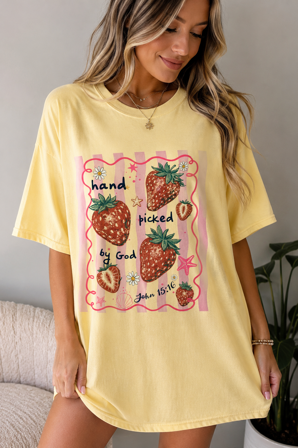 Hand Picked by God Strawberry Christian Graphic Tee | Cute Oversized Faith Shirt | Trendy Coquette Summer T-Shirt for Women | Strawberry Tee
