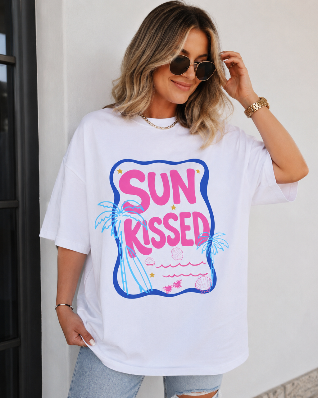 Sun Kissed Graphic Tee | Trendy Summer Beach Shirt | Cute Coastal Vacation T-Shirt | Retro Pink Graphic Tee for Women | Tropical Beach Tee