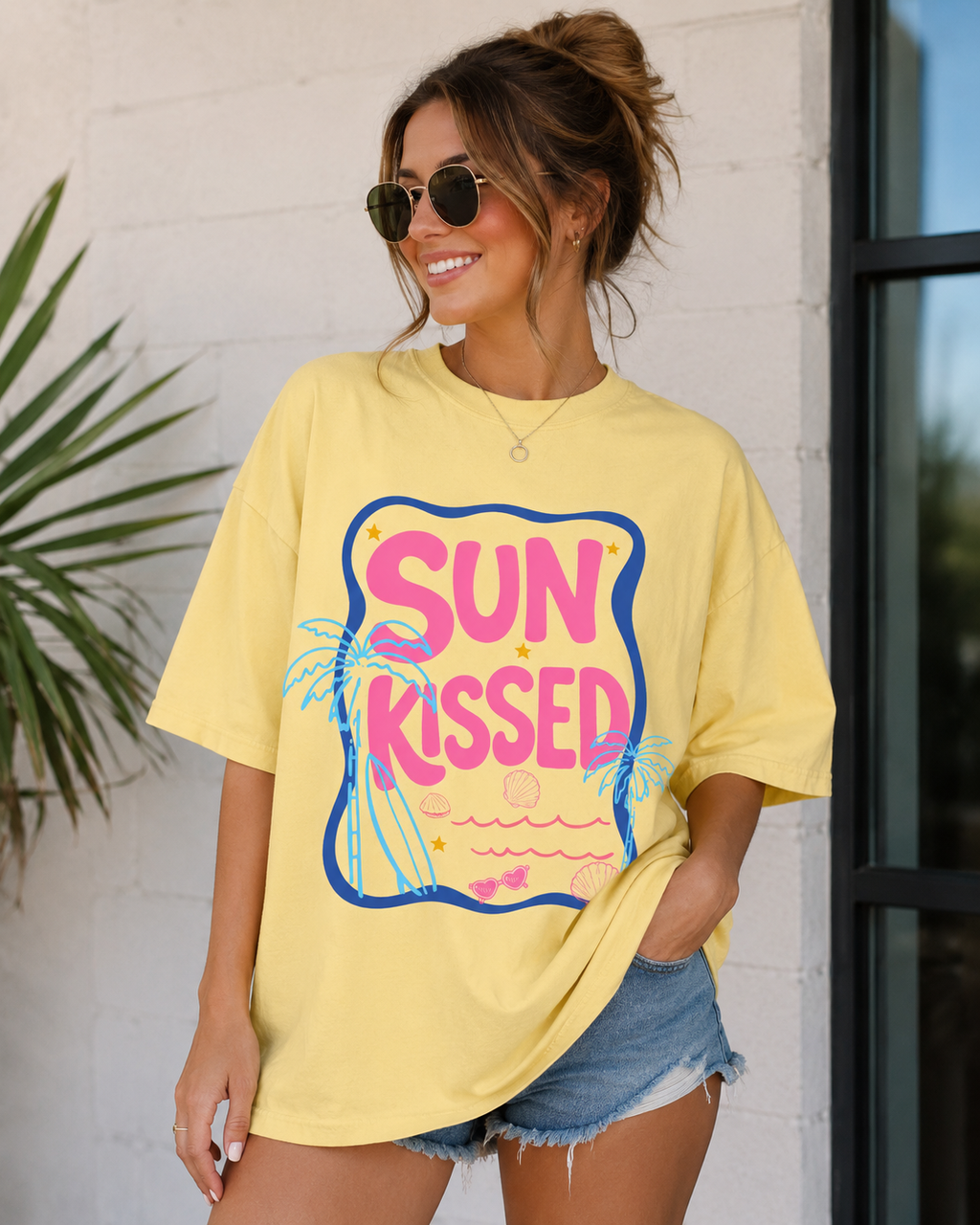 Sun Kissed Graphic Tee | Trendy Summer Beach Shirt | Cute Coastal Vacation T-Shirt | Retro Pink Graphic Tee for Women | Tropical Beach Tee