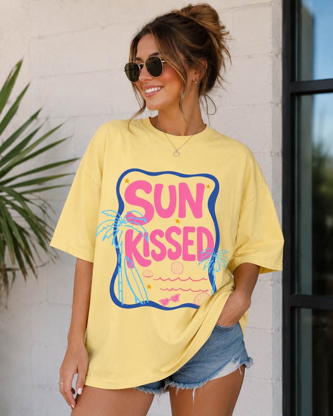 Sun Kissed Graphic Tee | Trendy Summer Beach Shirt | Cute Coastal Vacation T-Shirt | Retro Pink Graphic Tee for Women | Tropical Beach Tee