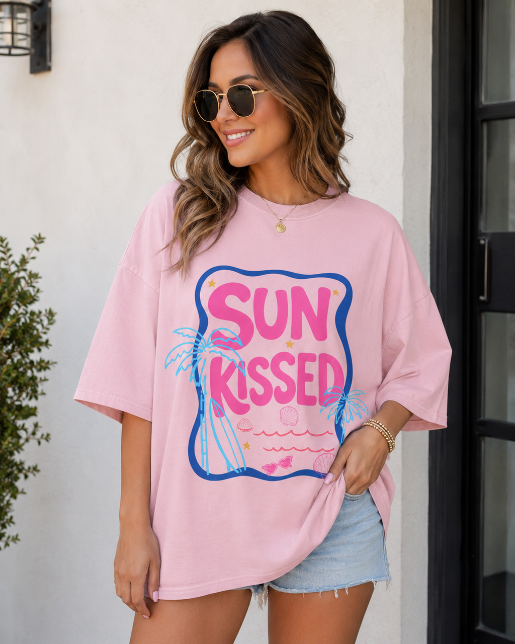 Sun Kissed Graphic Tee | Trendy Summer Beach Shirt | Cute Coastal Vacation T-Shirt | Retro Pink Graphic Tee for Women | Tropical Beach Tee