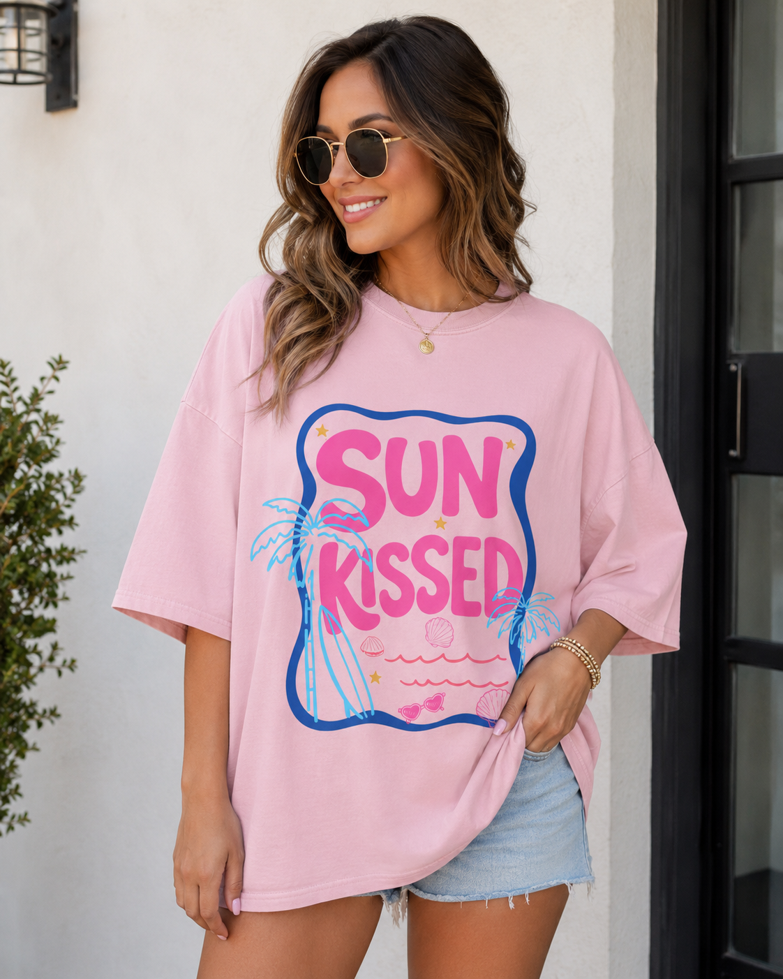 Sun Kissed Graphic Tee | Trendy Summer Beach Shirt | Cute Coastal Vacation T-Shirt | Retro Pink Graphic Tee for Women | Tropical Beach Tee
