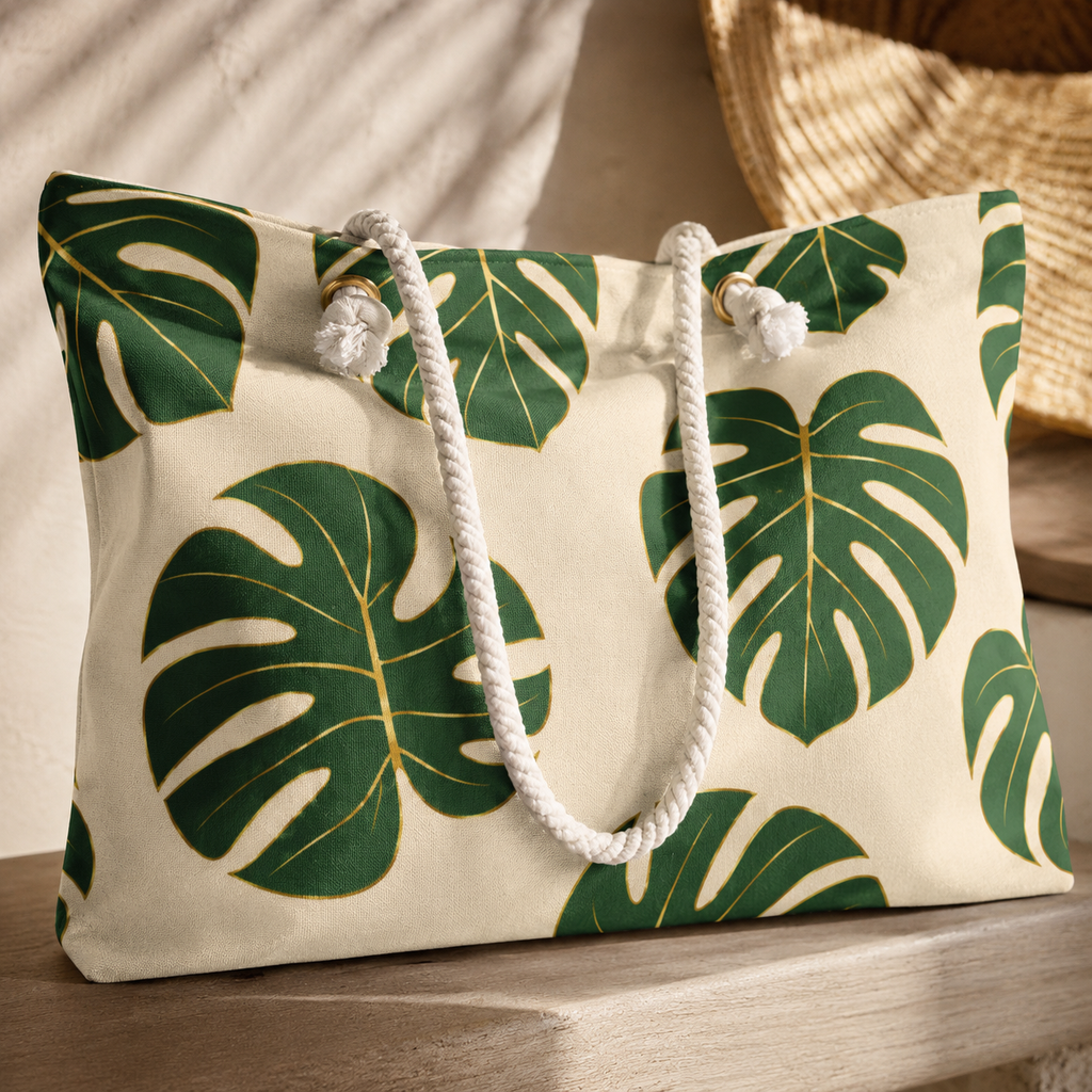 Tropical Monstera Weekender Bag | Beige & Green Travel Tote | Luxury Coastal Overnight Bag | Beach Vacation Carryall | Rope Handle Weekend Bag | Tropical Travel Tote