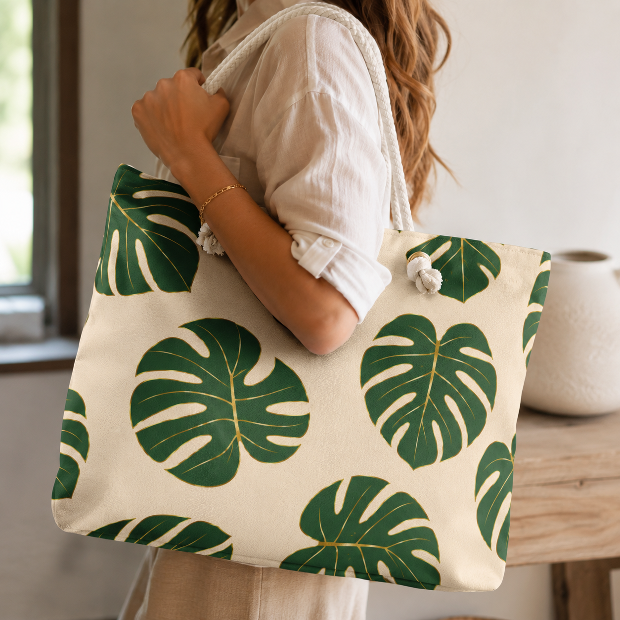 Tropical Monstera Weekender Bag | Beige & Green Travel Tote | Luxury Coastal Overnight Bag | Beach Vacation Carryall | Rope Handle Weekend Bag | Tropical Travel Tote