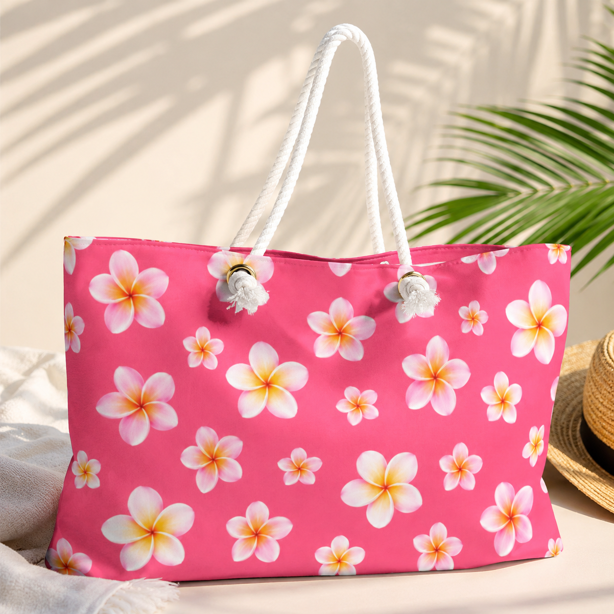 Pink Tropical Plumeria Weekender Bag | Cute Beach Tote Bag for Women | Hawaiian Travel Overnight Bag | Summer Vacation Carryall | Tropical Vacation Tote