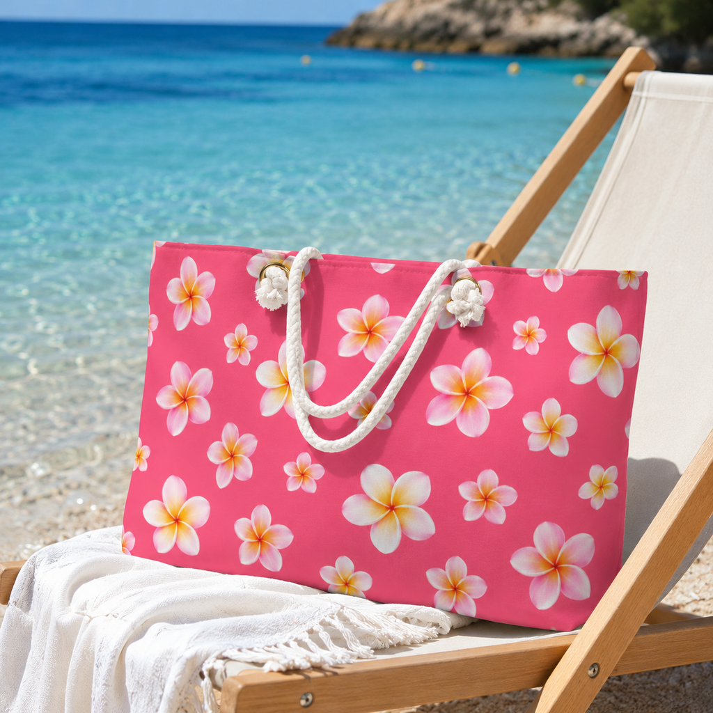 Pink Tropical Plumeria Weekender Bag | Cute Beach Tote Bag for Women | Hawaiian Travel Overnight Bag | Summer Vacation Carryall | Tropical Vacation Tote