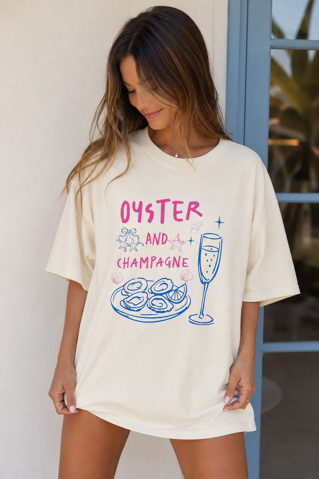 Oyster and Champagne Graphic Tee | Coastal Summer Comfort Colors Shirt | Beachy Brunch Aesthetic T-Shirt for Women | Seafood Graphic Tee