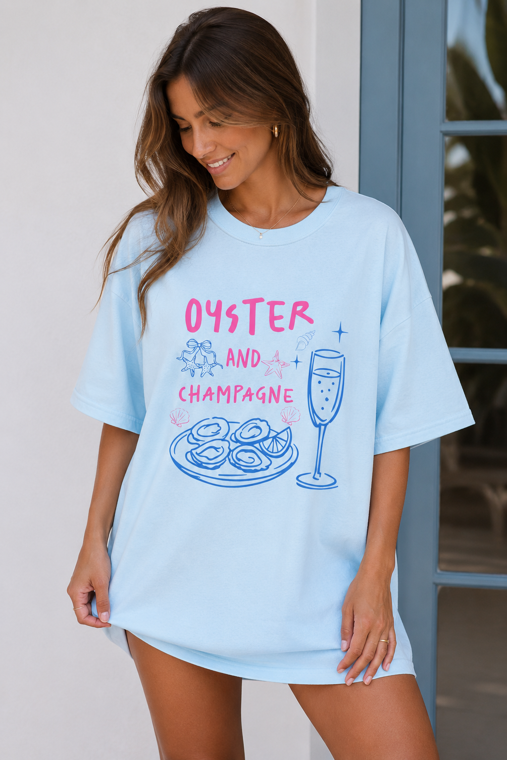 Oyster and Champagne Graphic Tee | Coastal Summer Comfort Colors Shirt | Beachy Brunch Aesthetic T-Shirt for Women | Seafood Graphic Tee