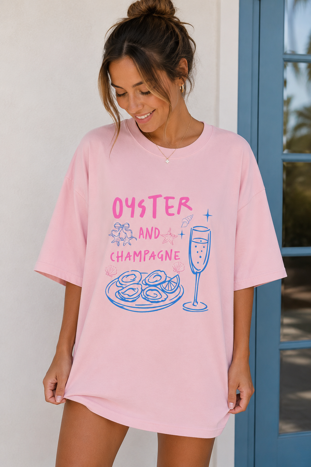 Oyster and Champagne Graphic Tee | Coastal Summer Comfort Colors Shirt | Beachy Brunch Aesthetic T-Shirt for Women | Seafood Graphic Tee