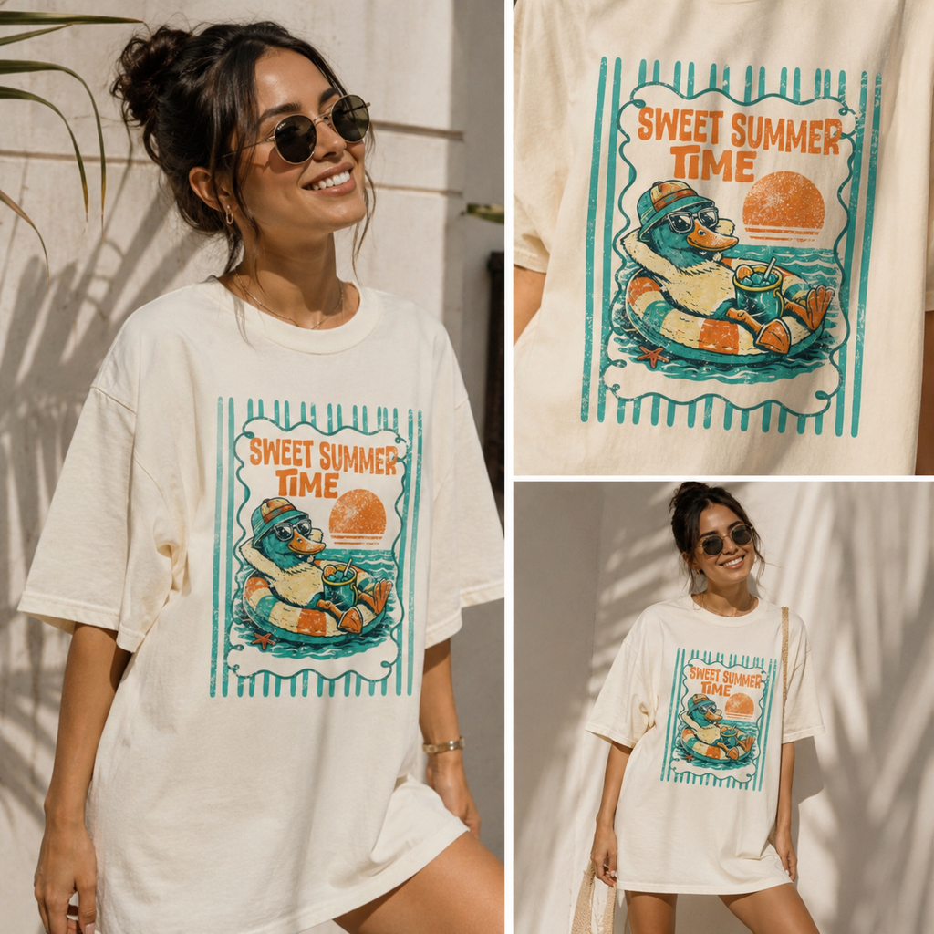 Sweet Summer Time Duck Graphic Tee | Retro Summer Oversized Shirt | Cute Beach Vacation Comfort Colors T-Shirt | Relaxed Beach Vibes Graphic T-Shirt