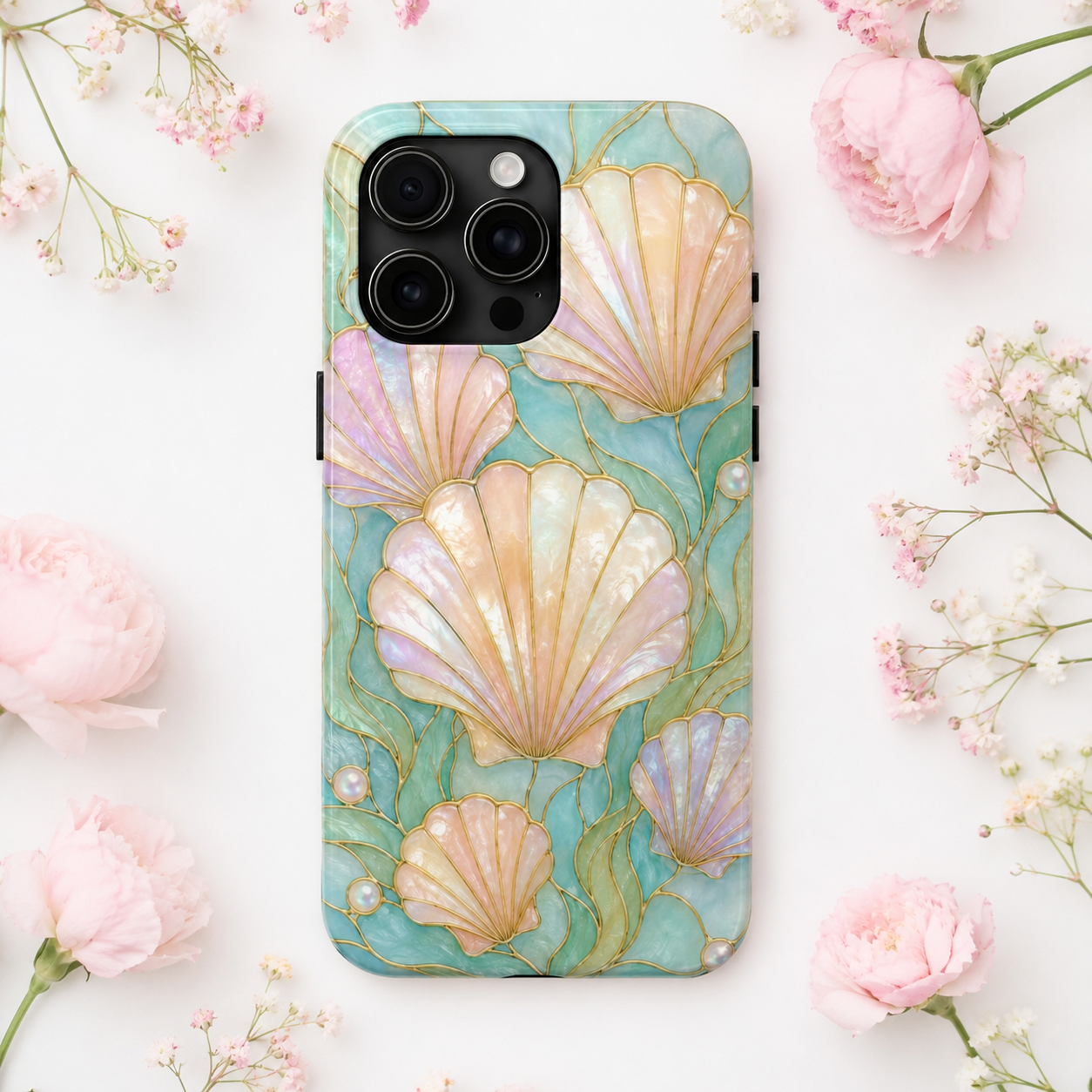 Pastel Seashell Phone Case | Faux Stained Glass Ocean Aesthetic Case for iPhone & Samsung | Cute Beachy Coastal Cover | Ocean Beach Vibes