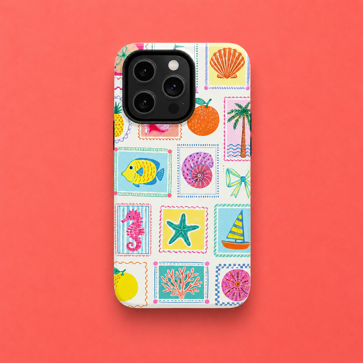 Coastal Postcard Phone Case | Cute Beach Summer Aesthetic Case for iPhone & Samsung | Tropical Stamp Collage Cover Pastel Seashell & Nautical Stamp | Beach Summer Phone Cover