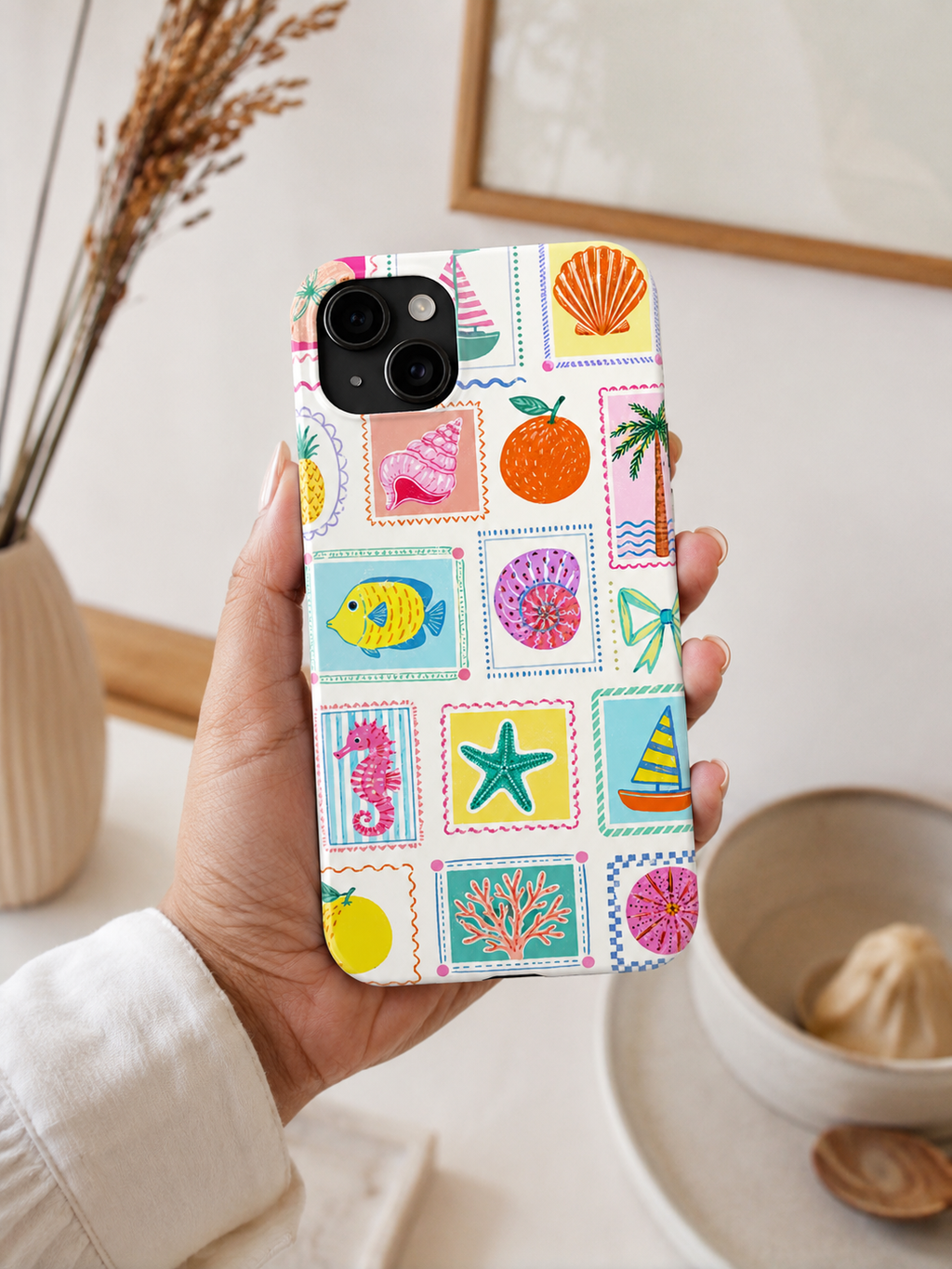 Coastal Postcard Phone Case | Cute Beach Summer Aesthetic Case for iPhone & Samsung | Tropical Stamp Collage Cover Pastel Seashell & Nautical Stamp | Beach Summer Phone Cover