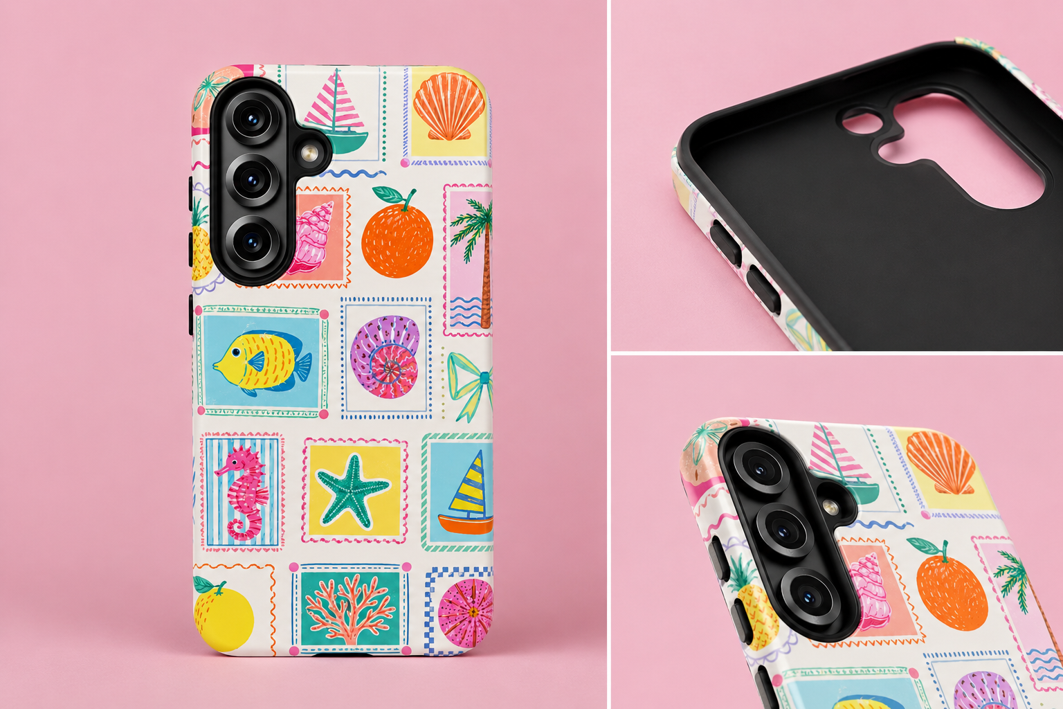 Coastal Postcard Phone Case | Cute Beach Summer Aesthetic Case for iPhone & Samsung | Tropical Stamp Collage Cover Pastel Seashell & Nautical Stamp | Beach Summer Phone Cover