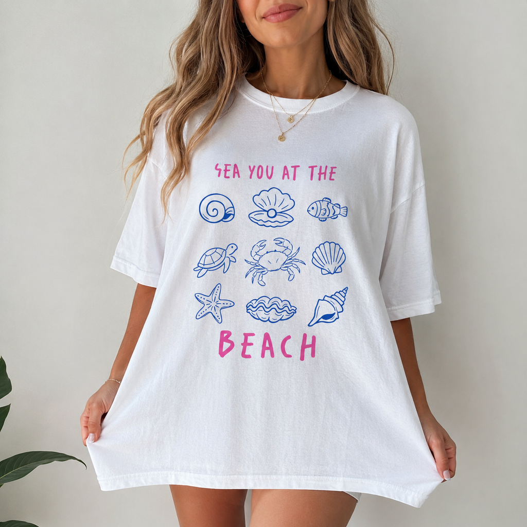 Beach Graphic T-Shirt for Women | Cute Coastal Summer Tee | Sea You at the Beach Shirt | Trendy Vacation Graphic Tee | Seashell & Sea Graphic Tee