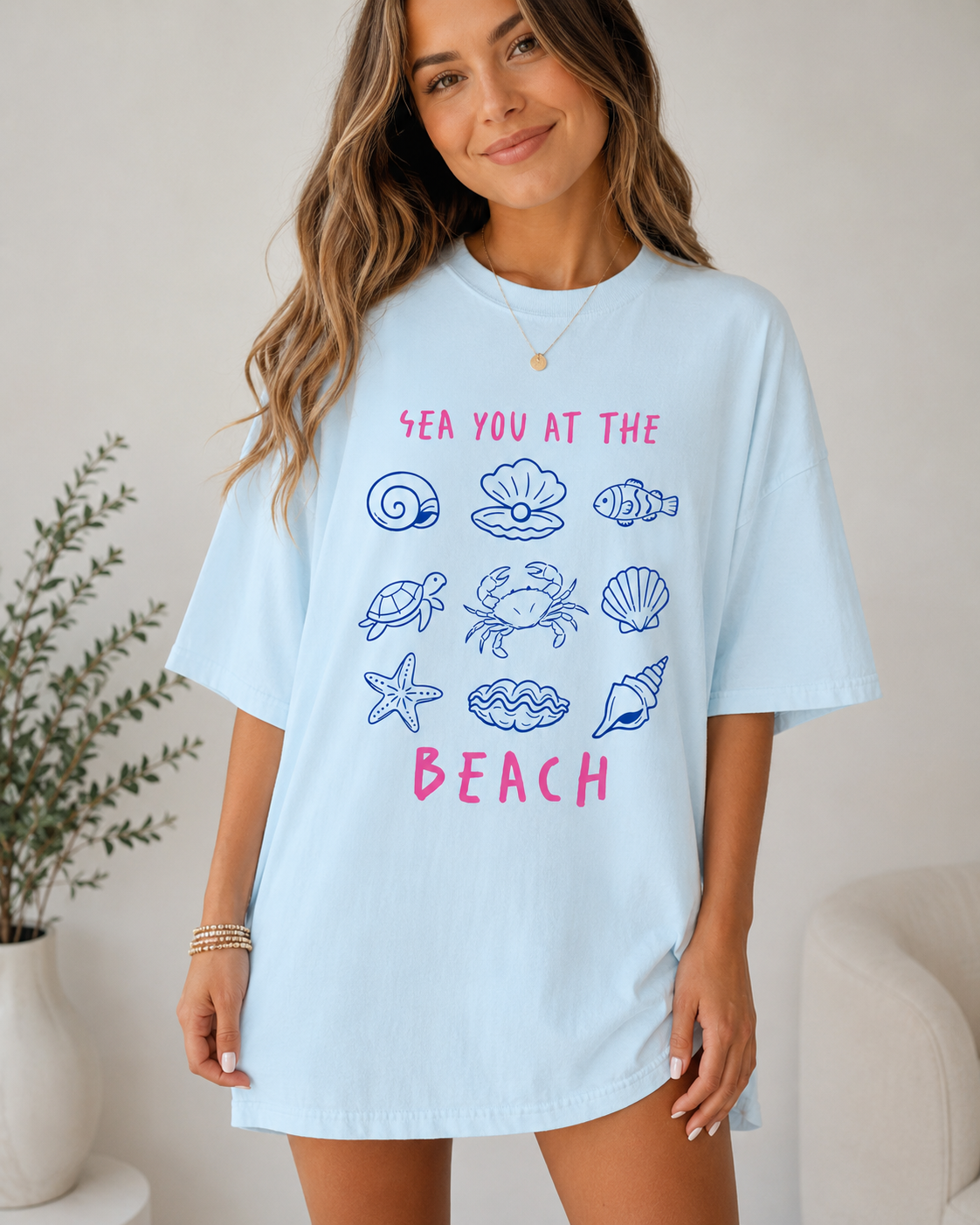 Beach Graphic T-Shirt for Women | Cute Coastal Summer Tee | Sea You at the Beach Shirt | Trendy Vacation Graphic Tee | Seashell & Sea Graphic Tee