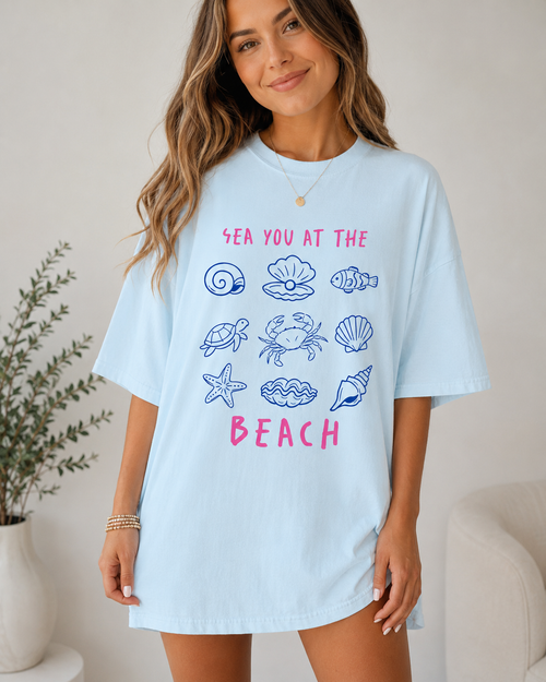 Beach Graphic T-Shirt for Women | Cute Coastal Summer Tee | Sea You at the Beach Shirt | Trendy Vacation Graphic Tee | Seashell & Sea Graphic Tee