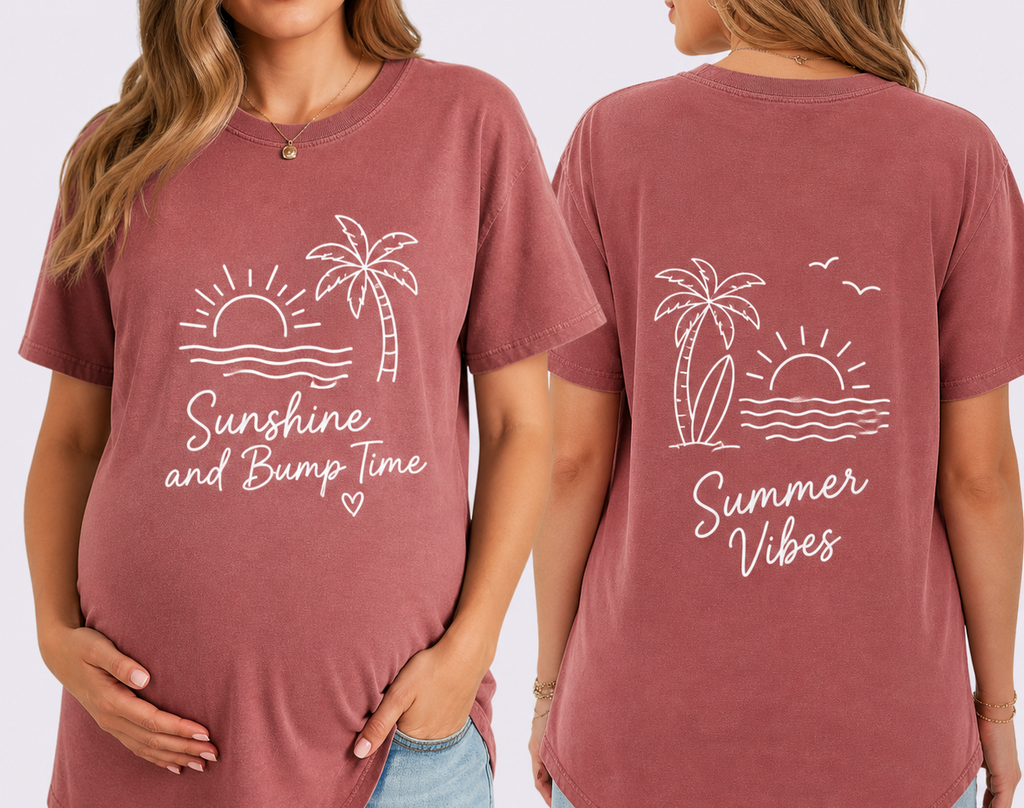 Summer Maternity Graphic T-Shirt | Comfort Colors® Relaxed Fit Tee | Soft Cotton Sunshine and Bump Time Pregnancy Shirt | Trendy Mama-To-Be Gift
