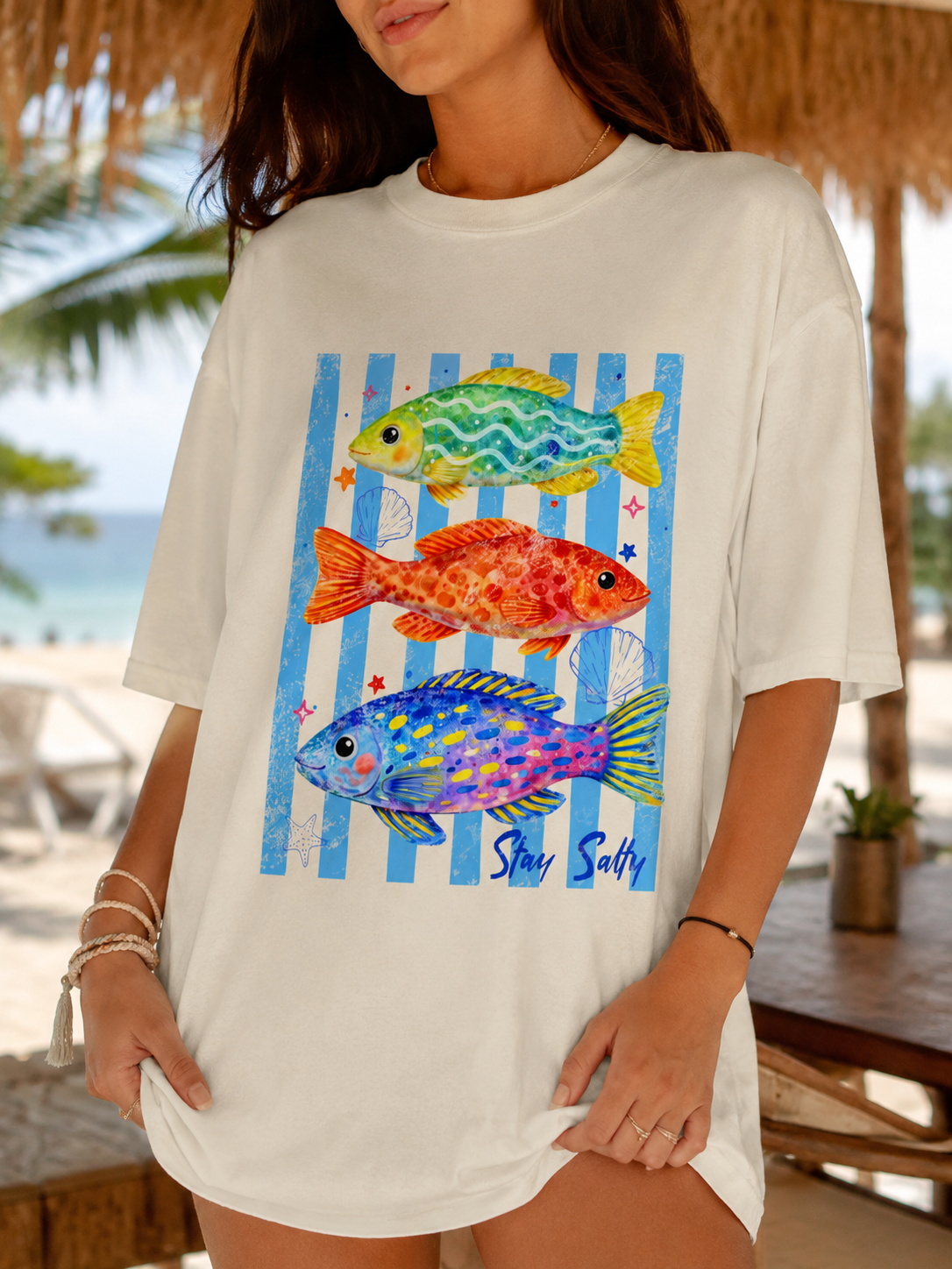 Stay Salty Fish Graphic T-Shirt | Coastal Beach Tee | Cute Summer Vacation Shirt | Colorful Tropical Fish Comfort Colors Tee | Coastal Art Tee