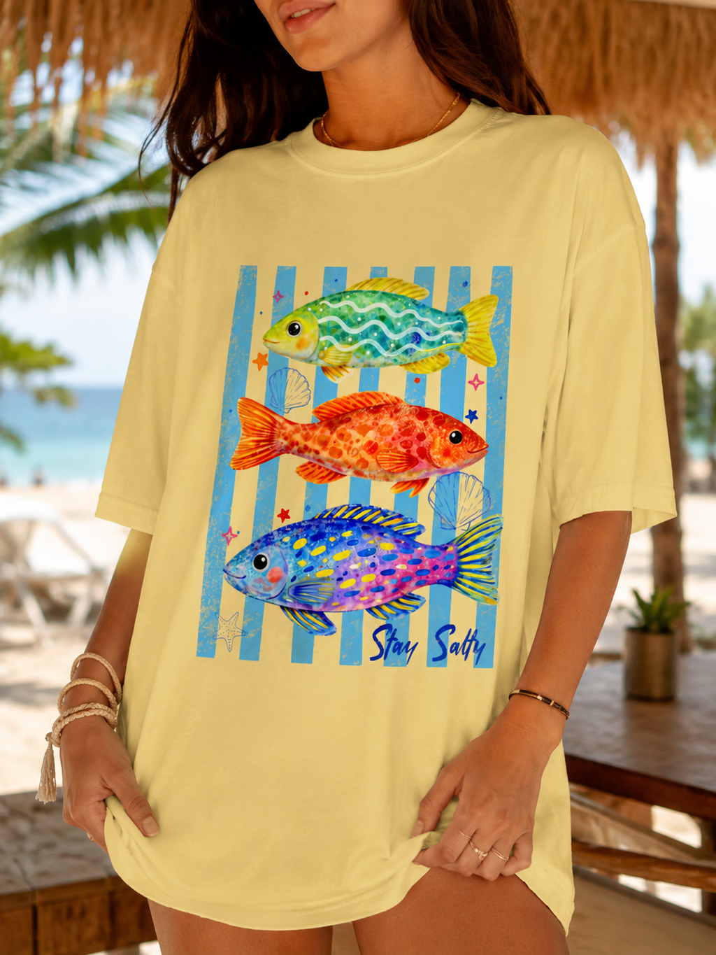 Stay Salty Fish Graphic T-Shirt | Coastal Beach Tee | Cute Summer Vacation Shirt | Colorful Tropical Fish Comfort Colors Tee | Coastal Art Tee