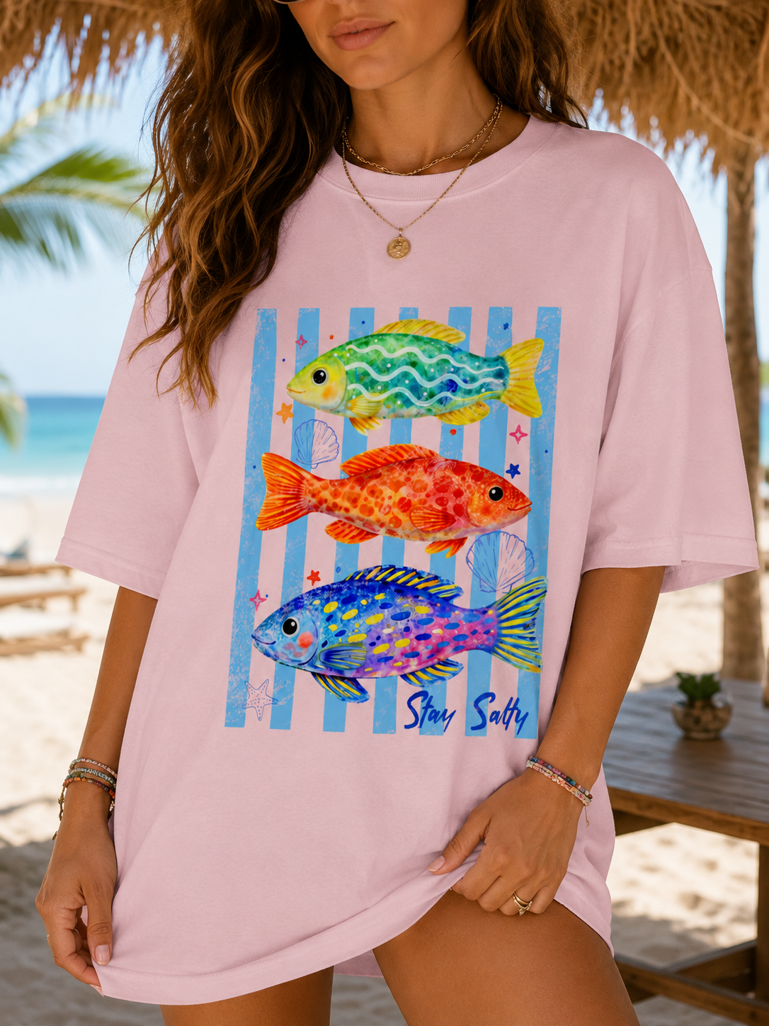 Stay Salty Fish Graphic T-Shirt | Coastal Beach Tee | Cute Summer Vacation Shirt | Colorful Tropical Fish Comfort Colors Tee | Coastal Art Tee