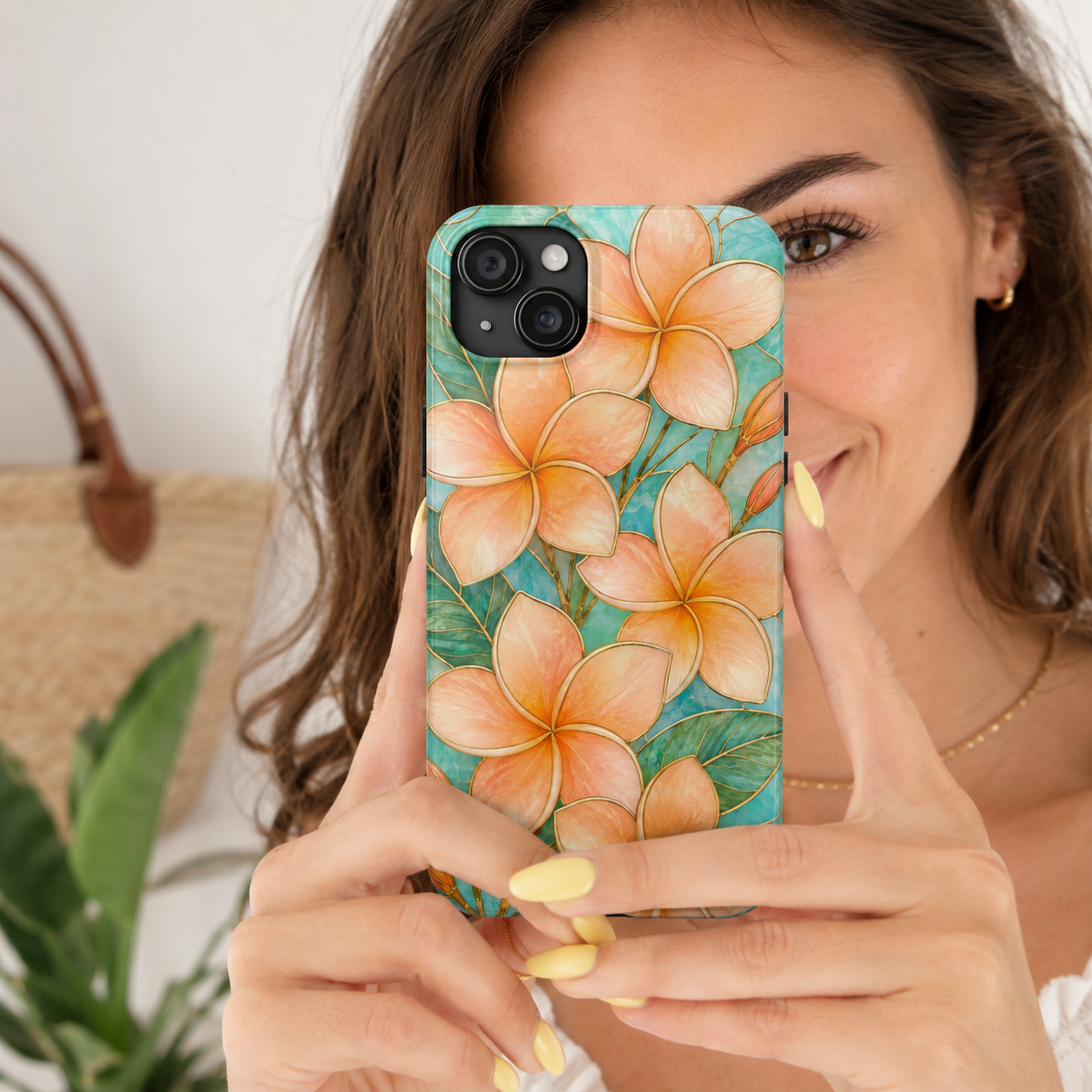 Tropical Plumeria Phone Case | Peach Floral Summer iPhone Case | Aesthetic Beachy Protective Case | Cute Coastal Floral Cover | Floral Protective Cover