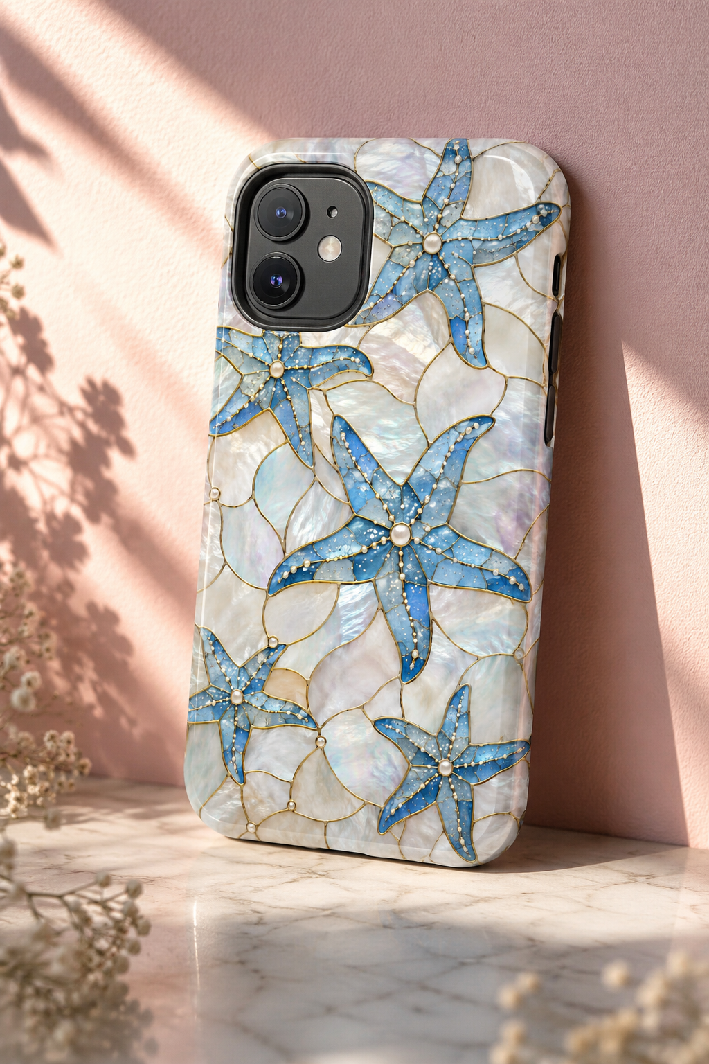 Blue Starfish Faux Stained Glass Phone Case | Coastal Aesthetic iPhone & Samsung Case | Beachy Ocean Case | Mosaic Coastal Protective Phone Cover